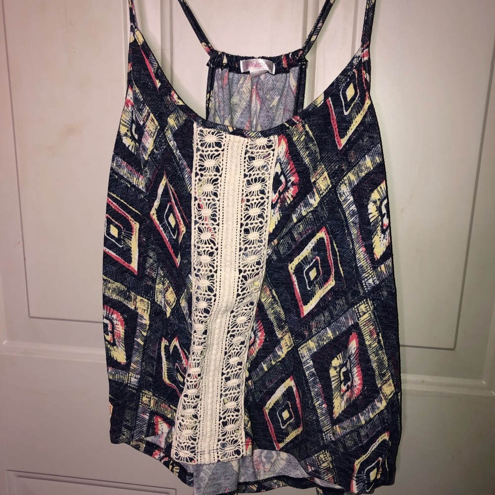 Xhilaration White lace on blue themed dressy top.